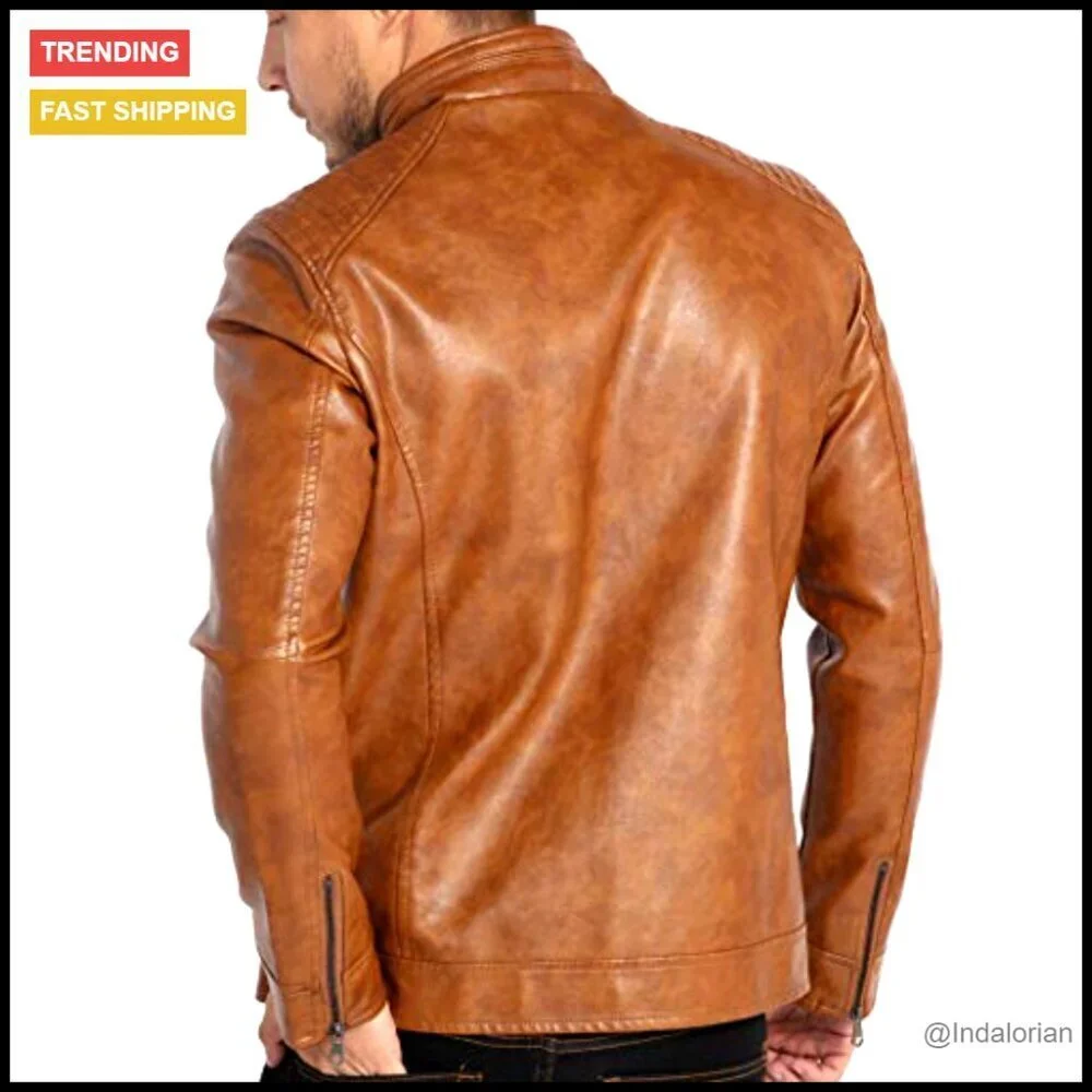 Stand Collar Faux Leather Motorcycle Jacket Lightweight Slim Fit Classic